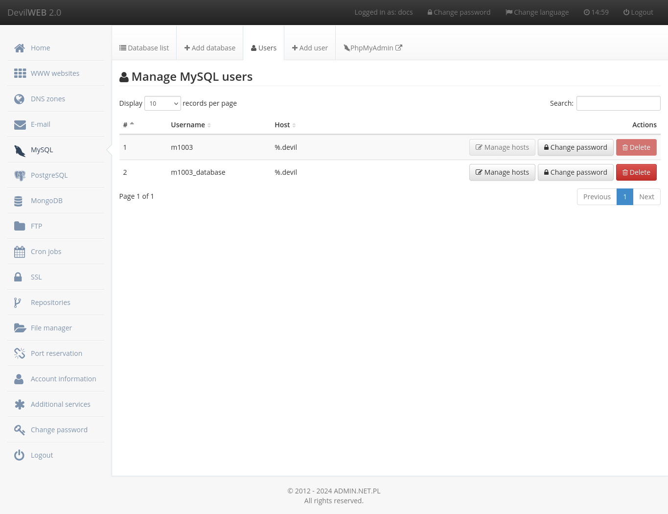 MySQL databases - user list